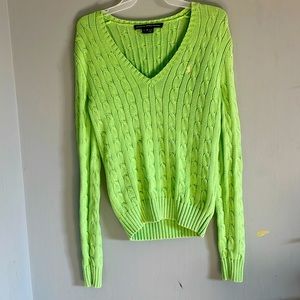 Ralph Lauren Sport Lime Green Cable Knit V neck long sleeve sweater.